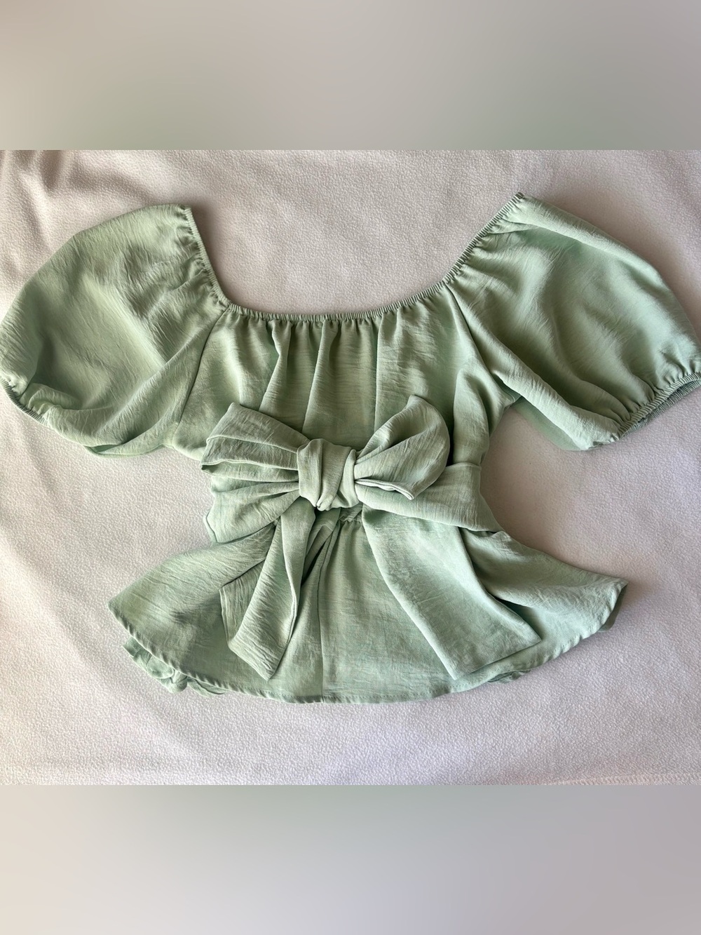 Altar'd State Light Sage Off-Shoulder Bow Tie Peplum Top